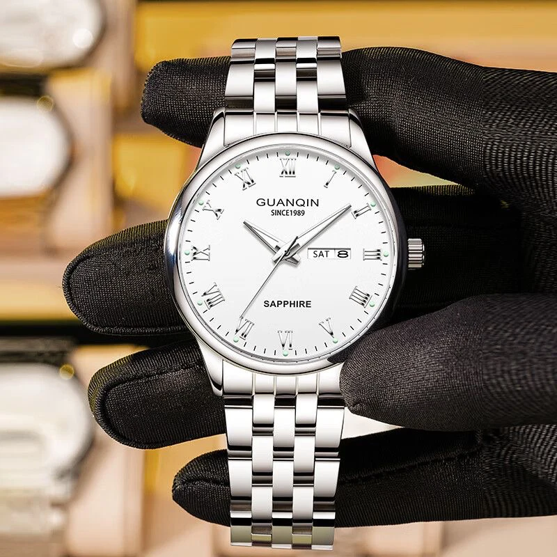 GUANQIN Men's Luxury Quartz Watch Calendar Week Display Roman Scale Leisure Luminous Waterproof Premium Wristwatch for Man Gifts