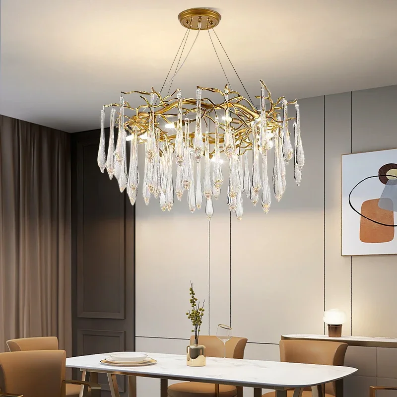 Modern Crystal Chandelier Lighting Ceiling Pendant Dining Room Foyer Chandeliers Drop Hanging Light Fixtures Branch Style Gold