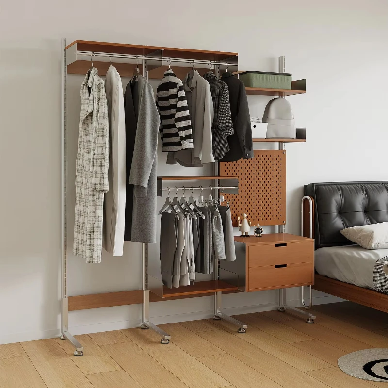 Vintage wall-mounted clothing rack with adjustable aluminum rails