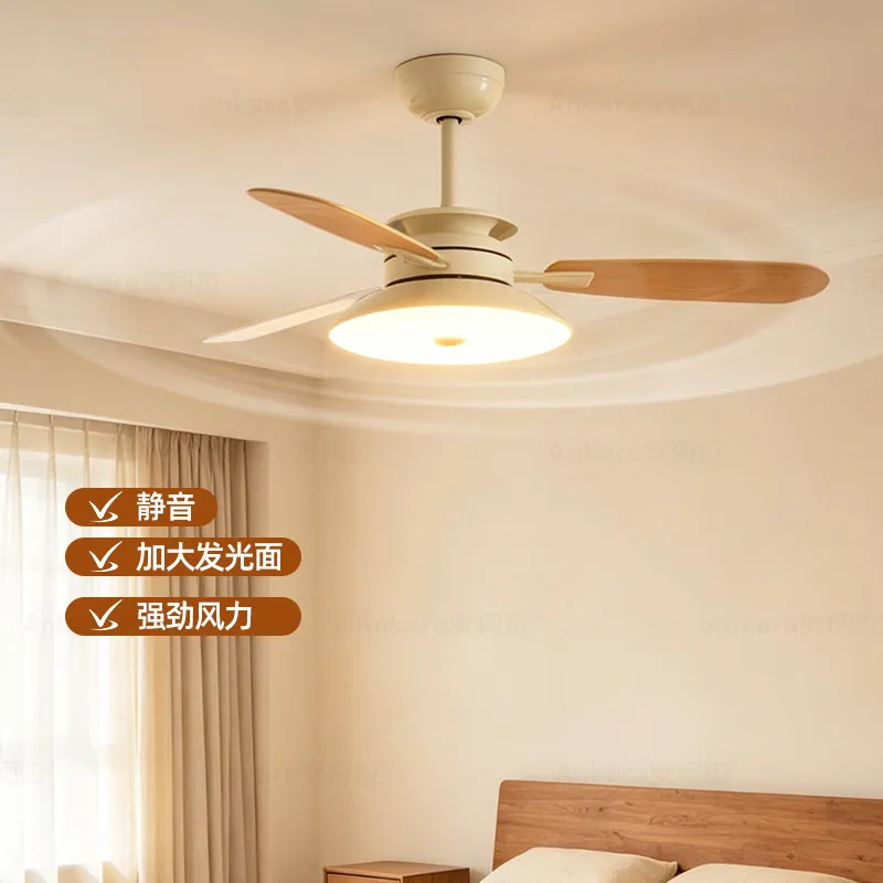 Cream Wind Fan Light Log Wind Dining Room Ceiling Fan Light Household Integrated Japanese Solid Wood  Electric Fan Light