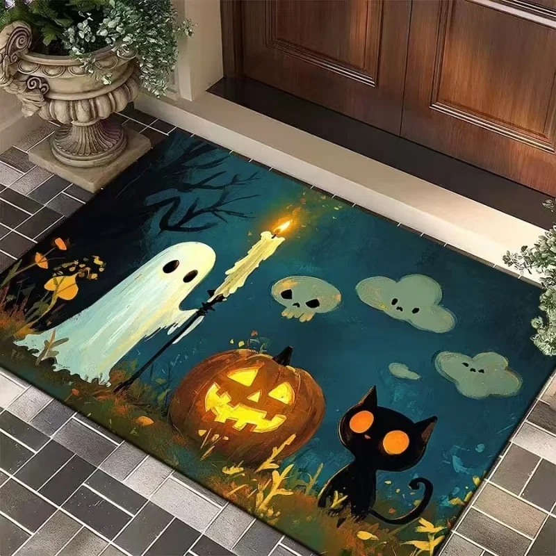 Newest Teal Background Ghost Candle Pumpkin Skull Black Cat Print Halloween Doormat Non Slip Front Door Mat