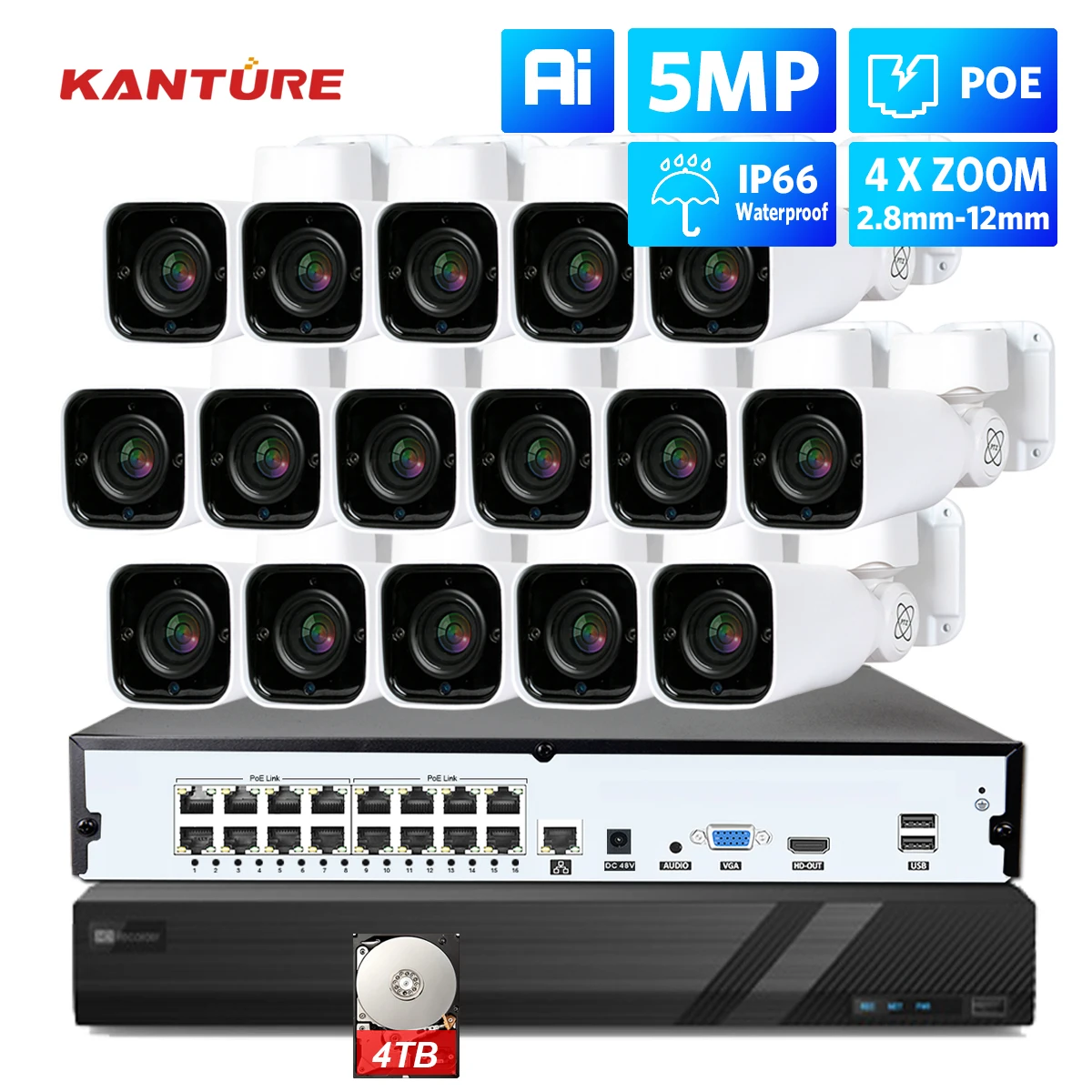 

KANTURE H.265+ 16CH 5MP PTZ NVR System POE 5MP 4XOptical Zoom IR CUT Security Outdoor camera system Auto 2.8-12mm lens 4TB