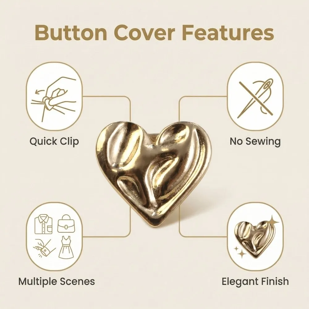 Fashion Irregular Metal Button Covers Heart-shaped No-sewing Brooch Pins Shiny Metal Cufflinks Women Men
