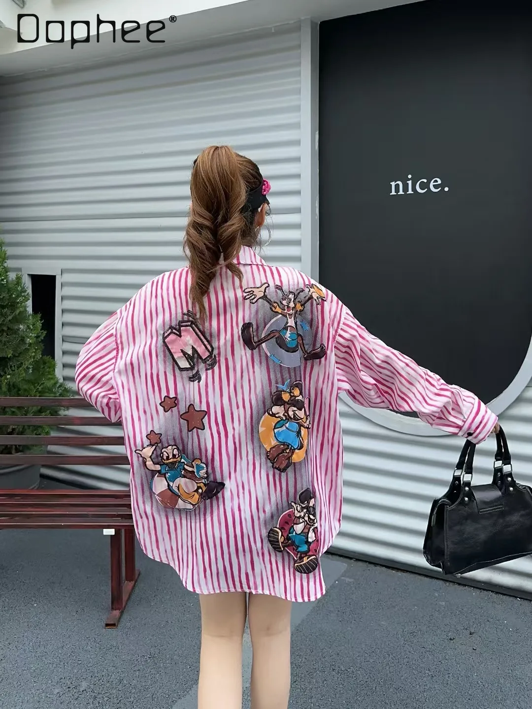 

2025 Spring Summer New Cartoon Striped Long Sleeve Shirt for Women Loose College Style Mid-Length Top Trendy Brand Women Tops