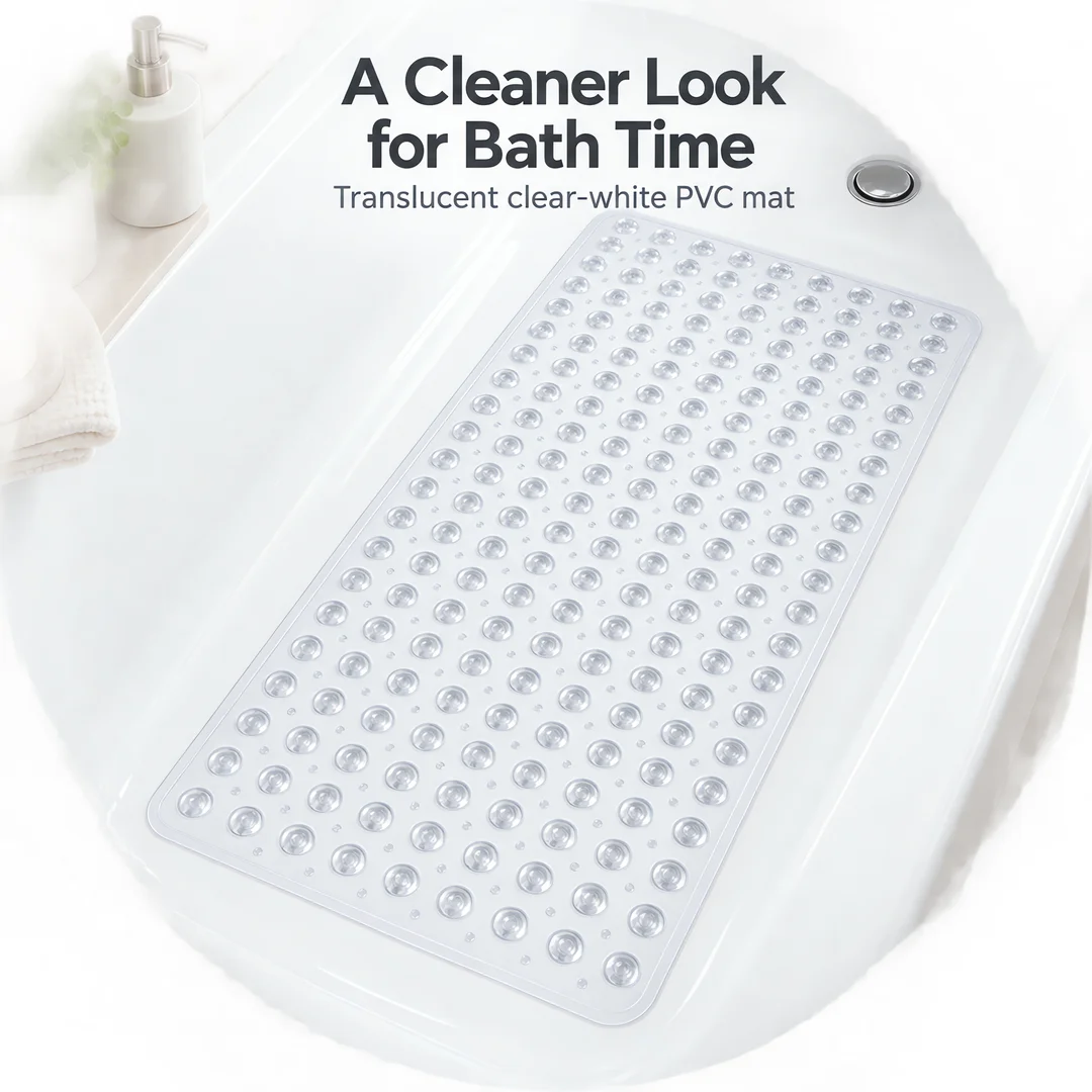 Translucent Clear-White PVC Non-Slip Bathtub Mat, Machine Washable Shower Mat with Suction Cups & Drainage Holes, Soft Massage Bumps for Bathroom, Tub & Floor Safety