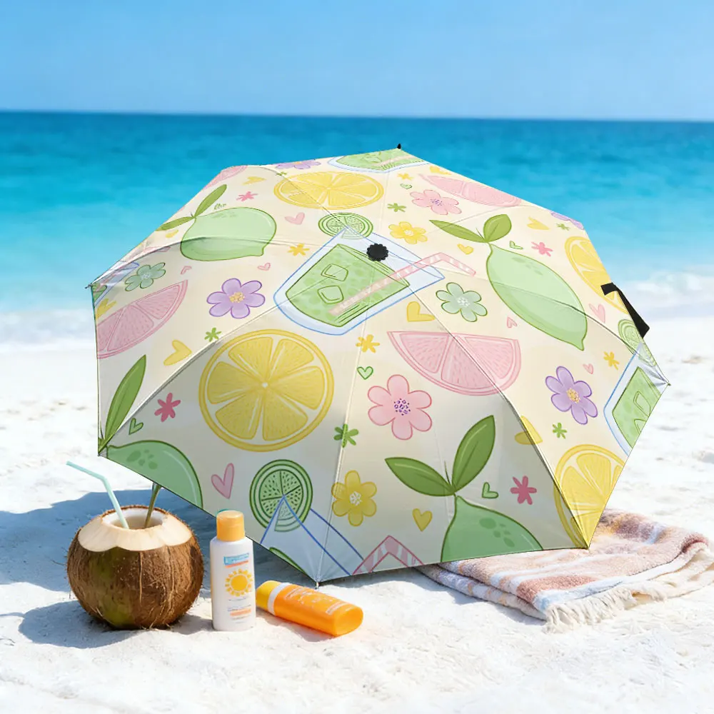 1PC Colorful Lemon-Themed Umbrella by the Serene Lake Print 8 Iron Ribs Folding Umbrella Auto-Open Fashion Sunshade