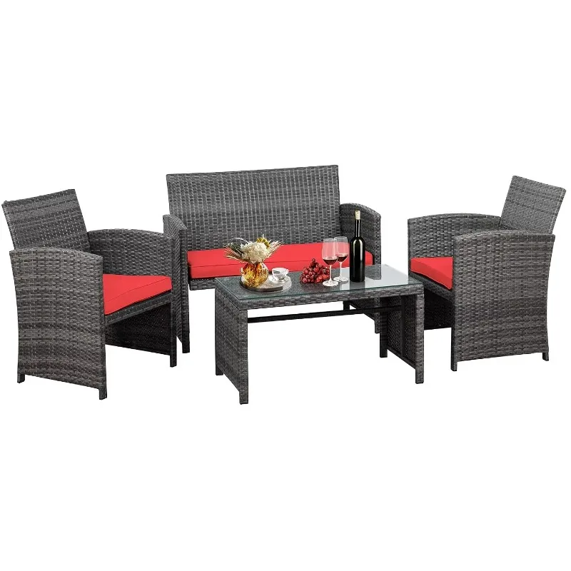 4 Piece Outdoor Wicker Rattan Patio Furniture Set with Cushions & Coffee Table for Garden Balcony Porch, Customized