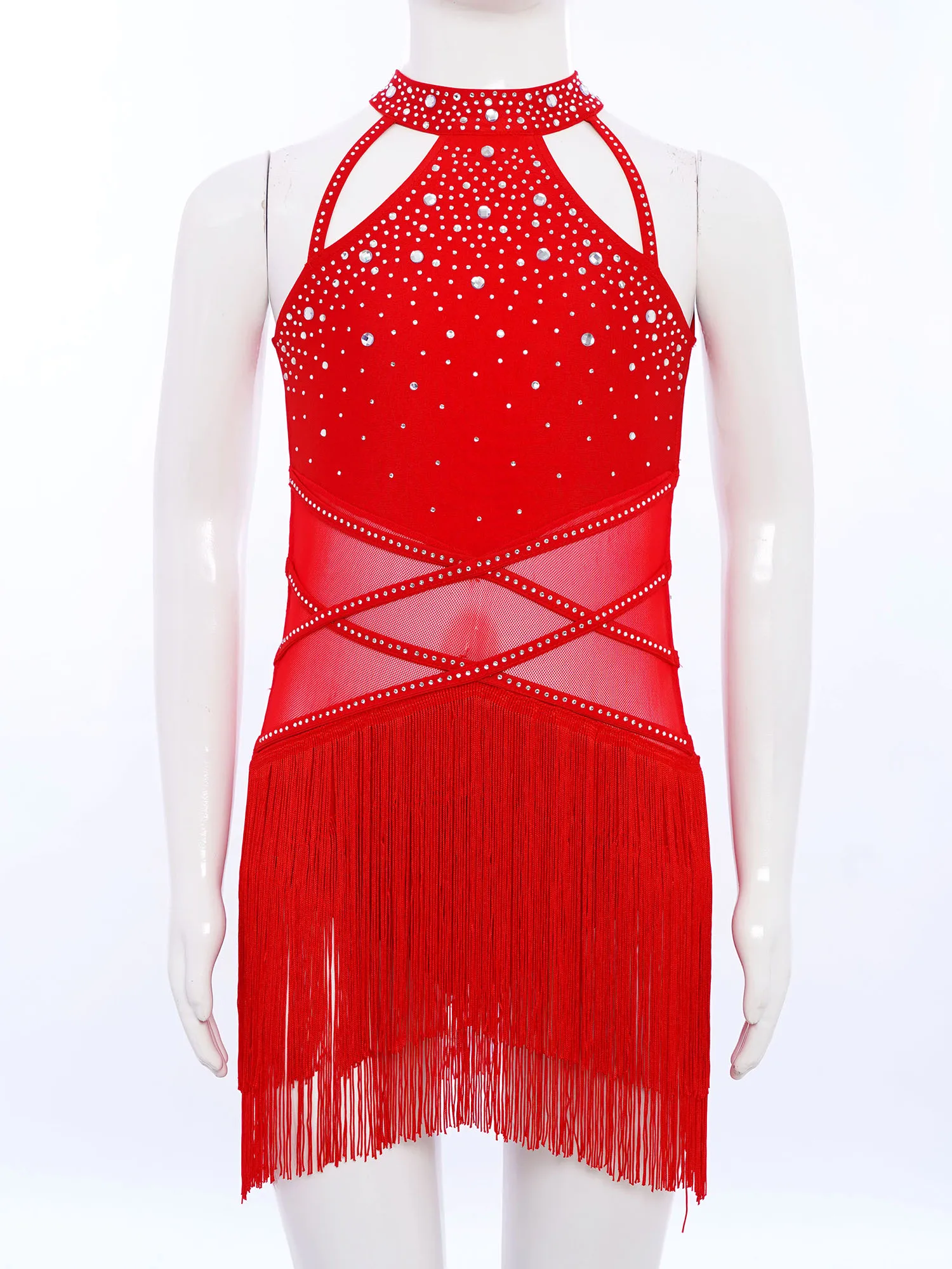 Tassel Latin Jazz Dance Dress Kids Girls Shiny Rhinestones Sheer Mesh Strappy Backless Dress Samba Cha-cha Performance Costume