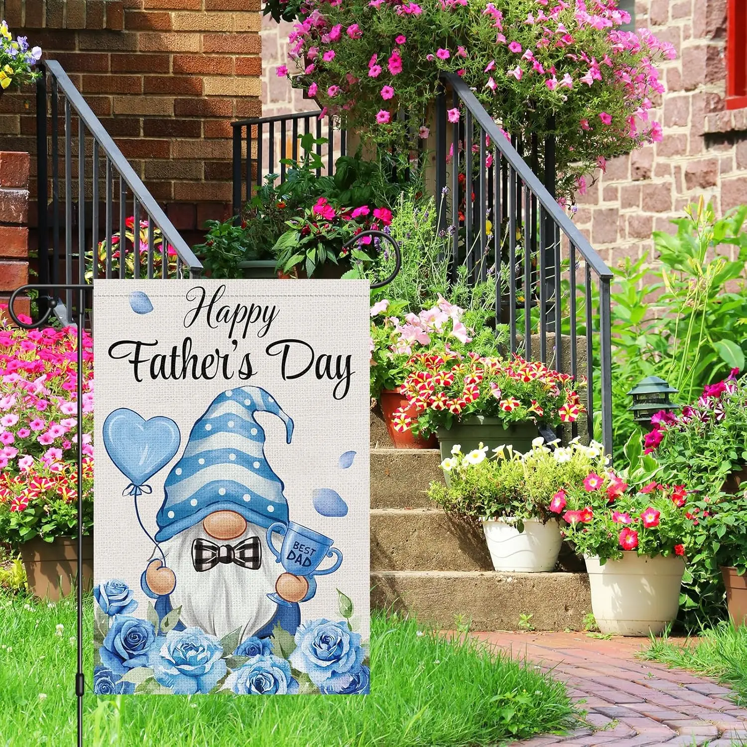Heyfibro Happy Father's Day Garden Flag 12x18 Double Sided Burlap, Blue Gnome Best Dad Rose Floral Father's Day Yard ZZM