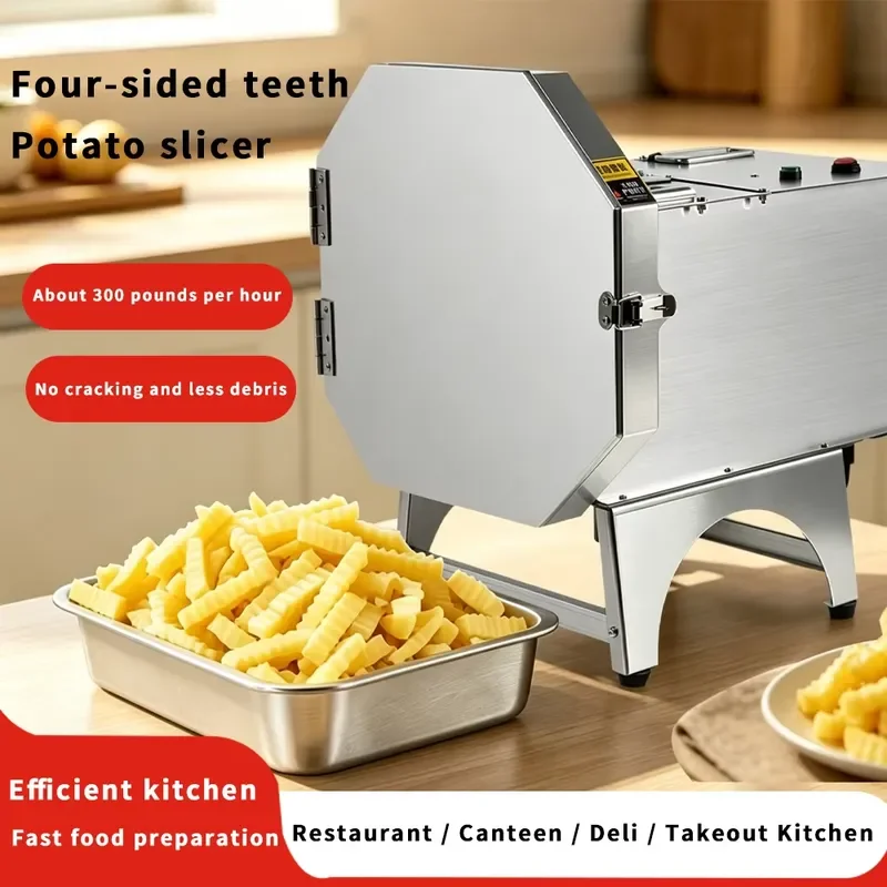 2026 Newest High-Efficiency Electric Four-Sided Crinkle Cut Potato Strip Machine 300lbs/hr Wolf-Tooth Slicer for Fast Food