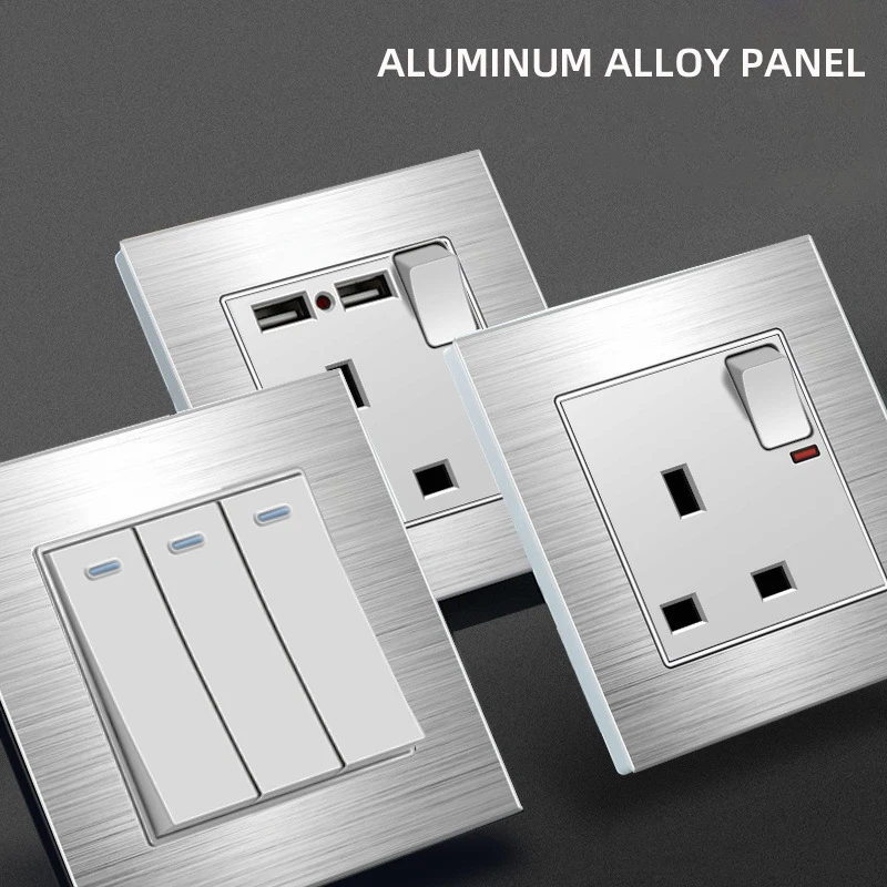 

Aluminum alloy panel UK with USB type-c fast charging wall power socket plug, universal wall light switch dual USB power socket