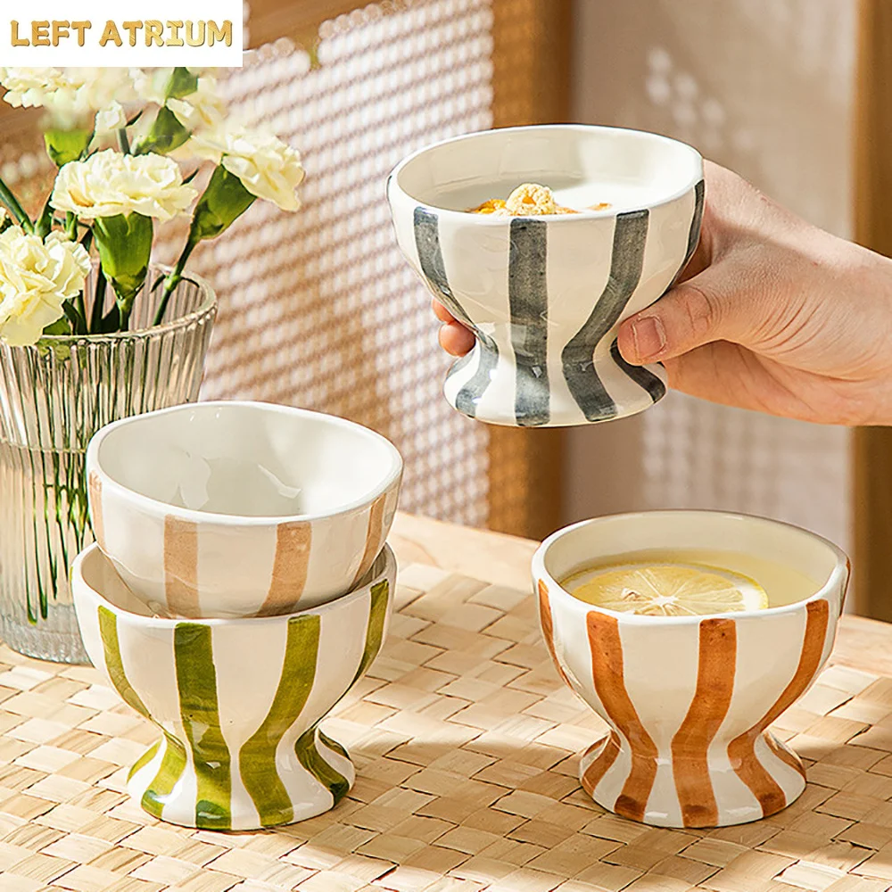 Vintage High Legged Irregular Porcelain Bowl Contrast Striped Ceramic Household Food Container Oats Yogurt Dessert Bowls