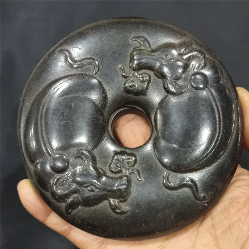 Natural Aged Crafts Iron Stone Red Mountain Culture Double Ox Ring Buckle Jade Tablet Ornament