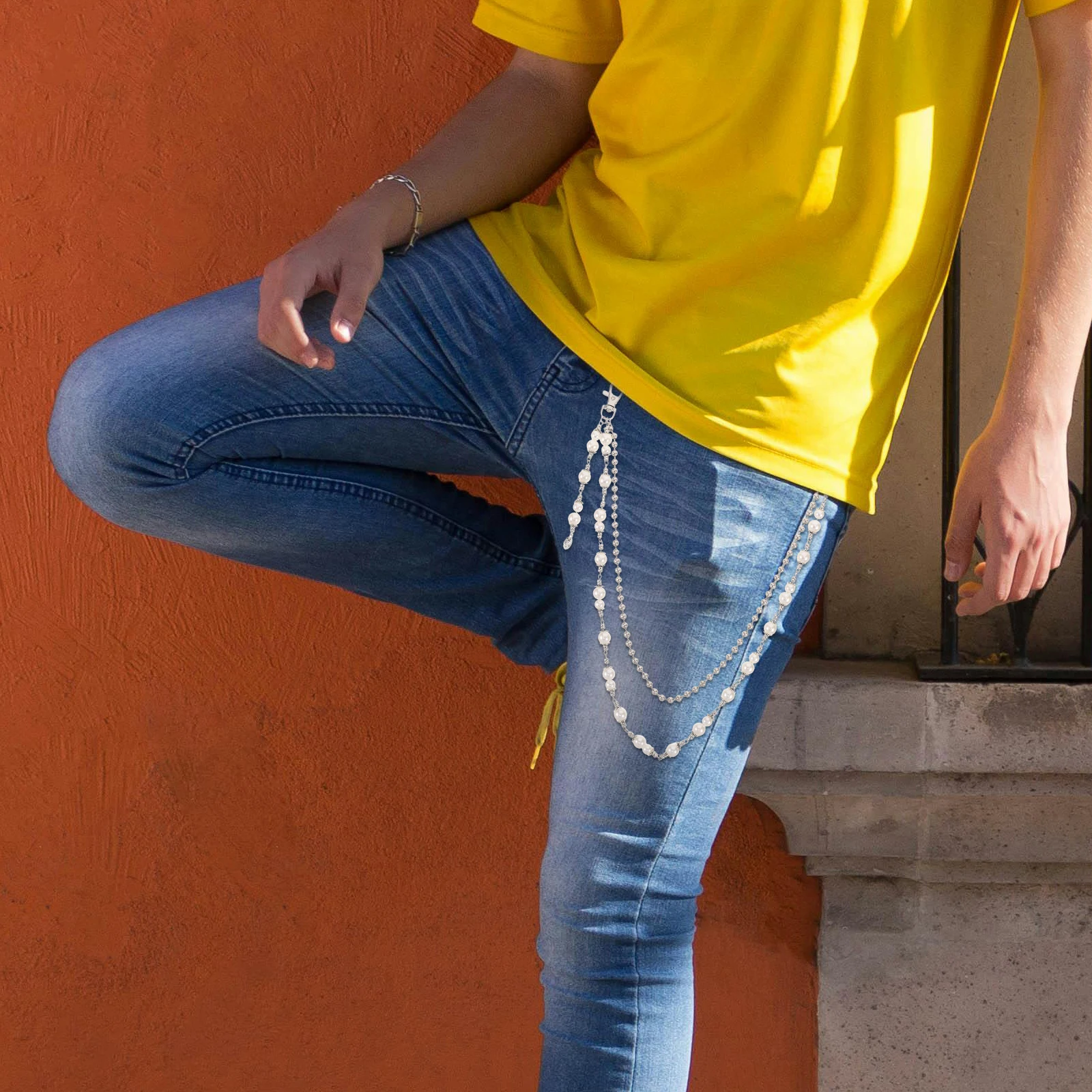 

Hip-Hop Style Unisex Silver Alloy Belt Men Women Punk Trouser With Plastic Pearls Lightweight Durable Denim Accessory Jean Belt