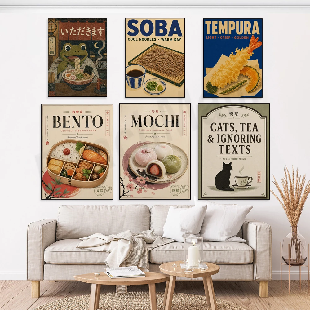 Japanisches Essen, Okonomiyaki, Sandwiches, Curry-Reis, Soba-Nudeln, Mochi, gegrillte Hähnchenspieße, Takoyaki, Tokyo-Ramen-Poster.
