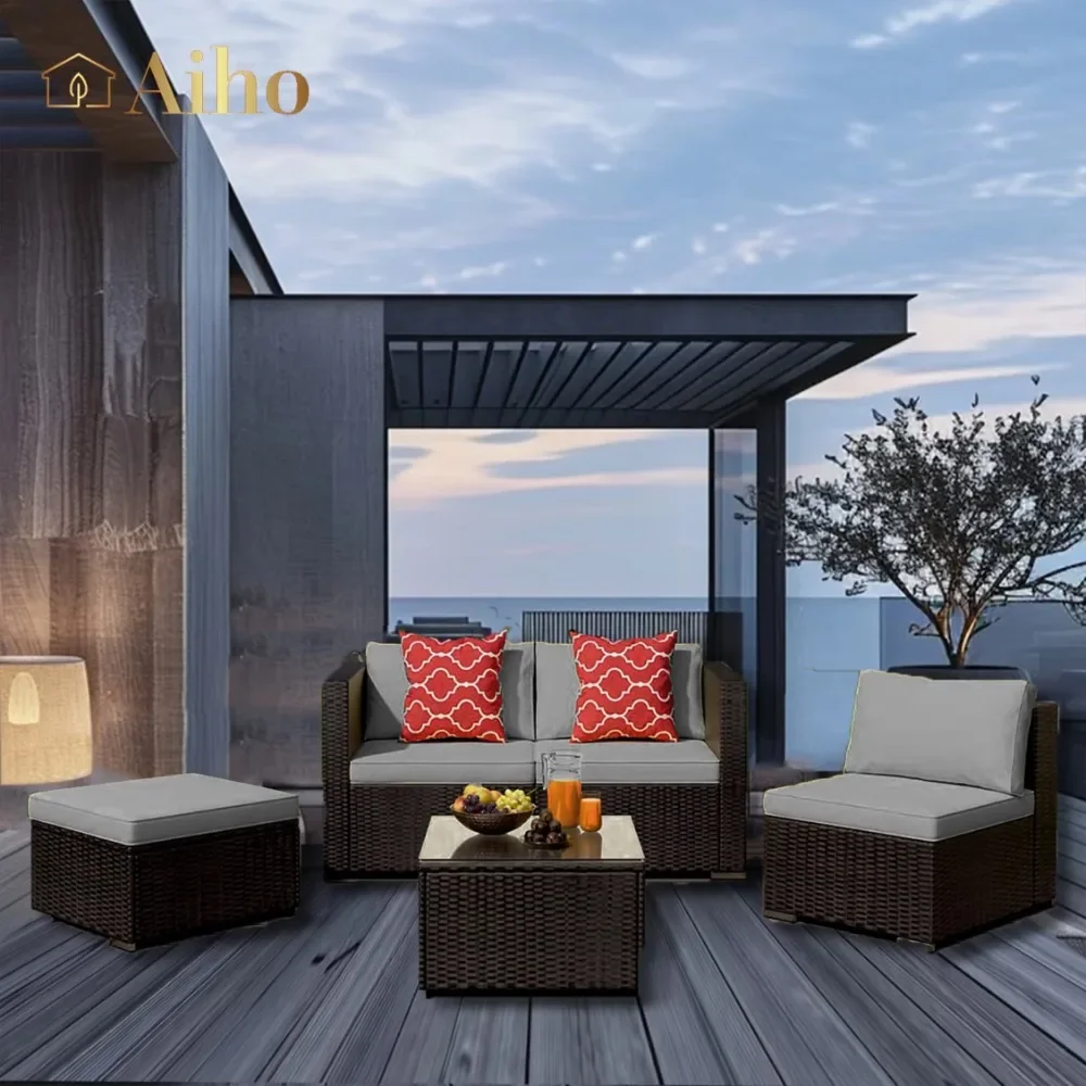 

5-Piece PE Rattan Sectional Sofa Set - Beige/Gray, L-Shape, Tempered Glass Table, Weatherproof for Patio/Poolside