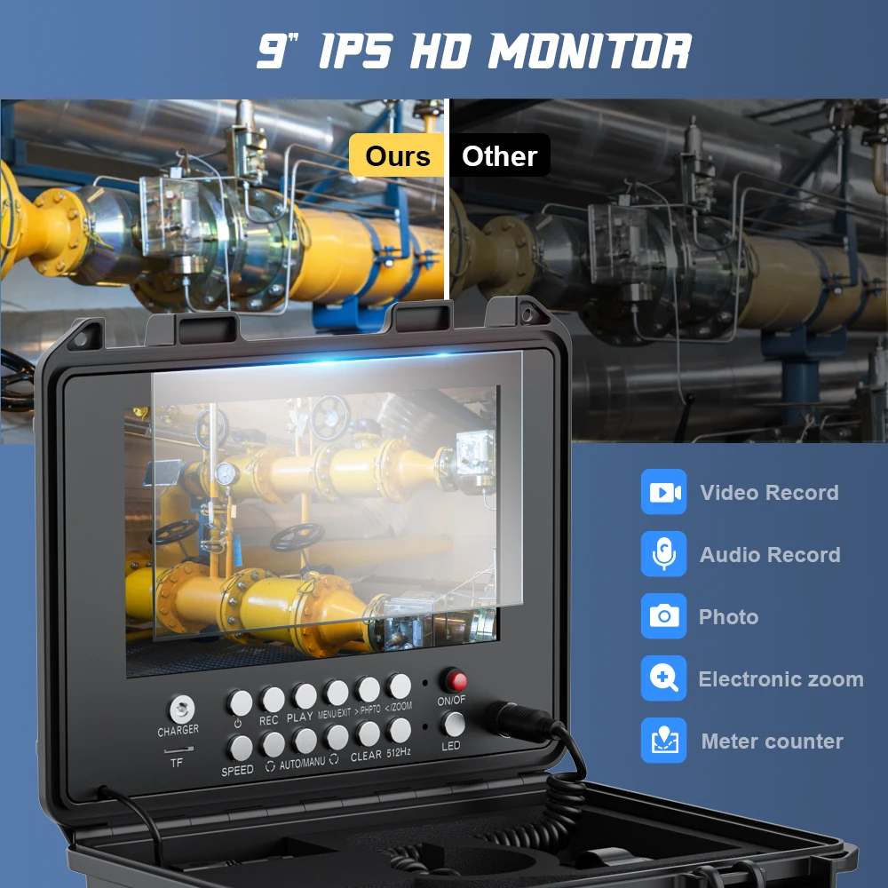 9in Ultra HD  Wireless WiFi/DVR Distance Counter Pipe Sewer Inspection Video Camera,Drain Industrial Endoscope