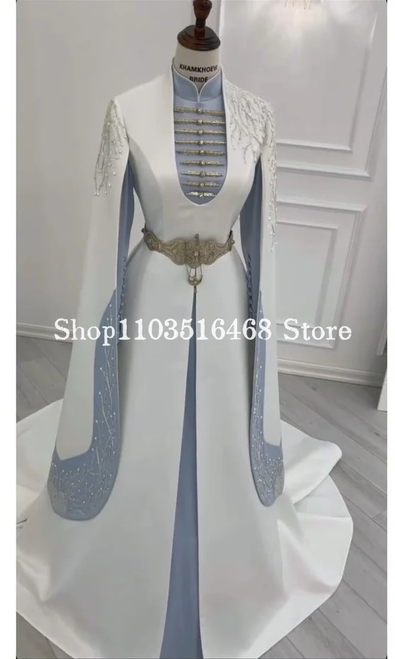 Muslim Women's Wedding Dresses Caftan Beaded Applique Blue White Bridal Gowns Cape Long Sleeve Customised Vestidos De Novia