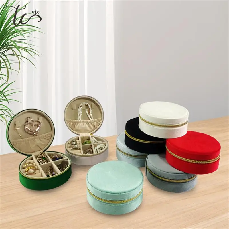 Velvet Round Zipper Jewelry Storage Box, anel, brincos, colar, pingente, broche, Display, armazenamento em casa