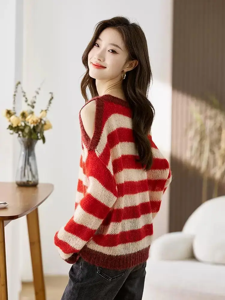 Korea Women Y2k Striped Sweater Oversized Long Sleeve Color Block Knitted Pullover Aesthetic Loose Crewneck Knit Tops