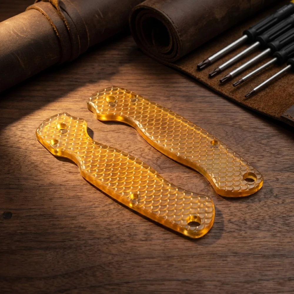 Translucent Amber Fish Scale Anti Slip Pattern Design Handle Replacement Patch, A Pair of DIY Knife Handle Making Materials