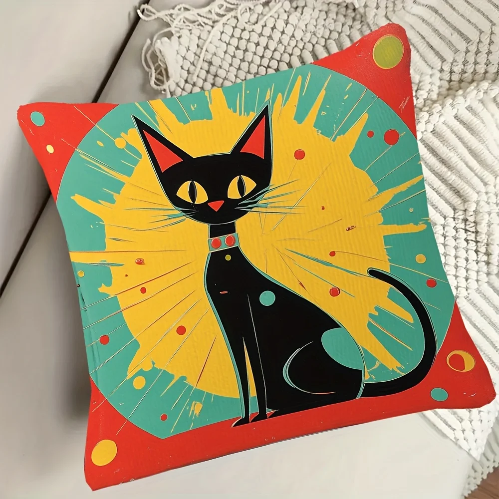 Retro Atomic Cat Pillow Cover Black Feline Turquoise Yellow Red 18x18 Inch Square Mid-Century Modern Home Decor