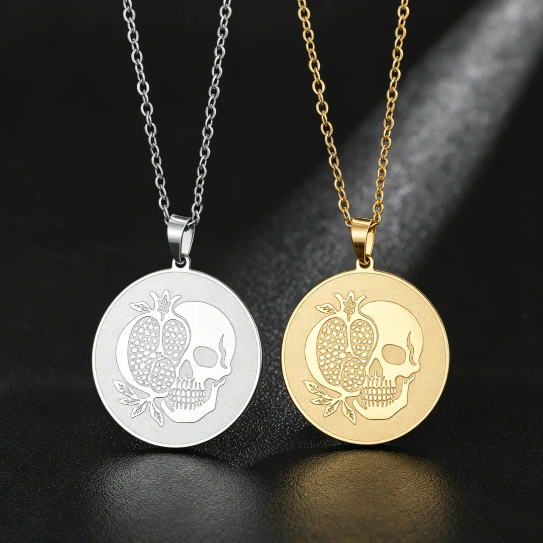 Persephone Skull & Pomegranate Necklace Greek Mythology Queen of Underworld Pendant Stainless Steel Necklace Spiritual Jewelry