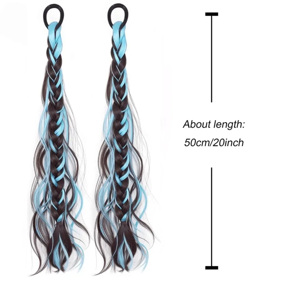 20' Highlight Synthetic Braided Ponytail Hair Extension with Elastic Rubber Band Messy Twist Braided Hairpiece For Halloween Day