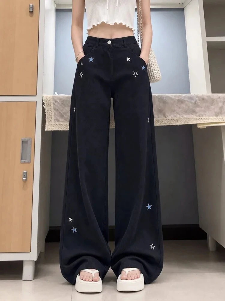 Summer Korean Casual Jeans Women High Waist Star Embroidery Wide Leg Denim Pants Female Black Preppy Loose Straight Trouser New