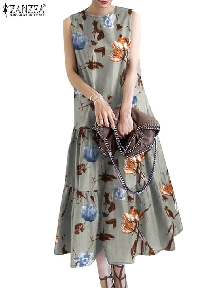 ZANZEA Loose Sleeveless Tiered Robes Casual O Neck Summer 2024 Elegant A-line Vestidos Vintage Women Floral Printed Midi Dress