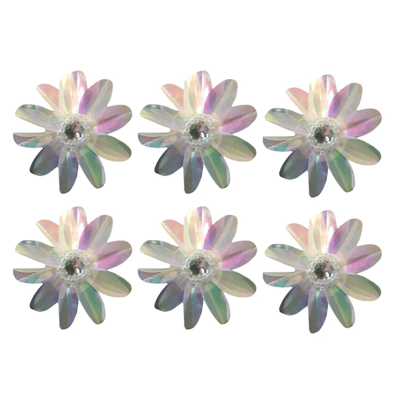 6 Pcs Iridescent Pearlescent 2 1/2Inch Sequin Flowers Rhinestones Beading Applique, Crystal Beaded Flower Applique