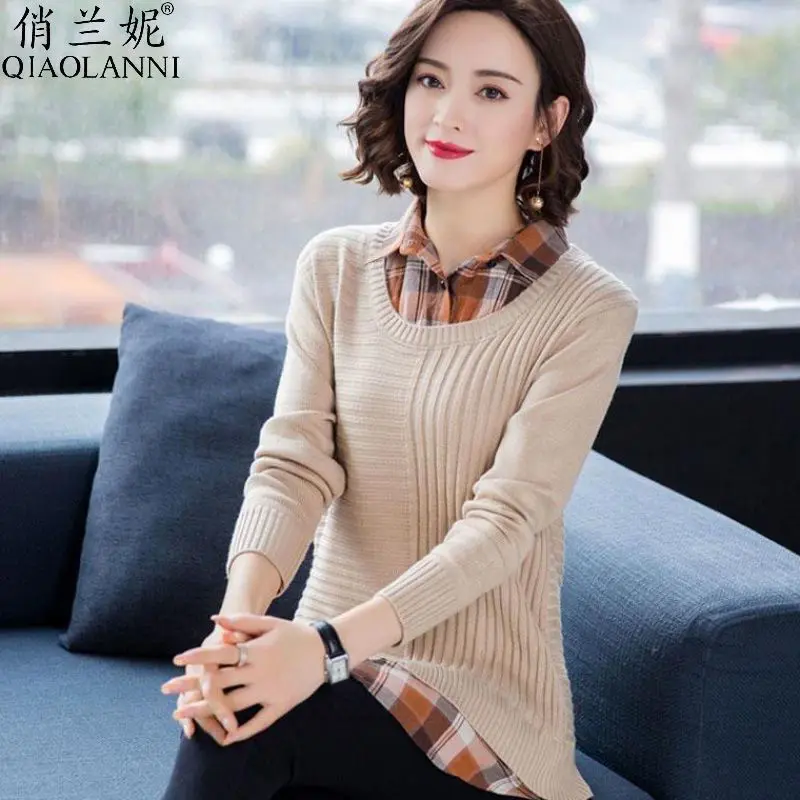 

Female Elegant Fashion Plaid Patchwork Fake Two Piece Suit Shirt Spring Autumn Long Sleeve Polo-Neck Loose Pullovers Women U967