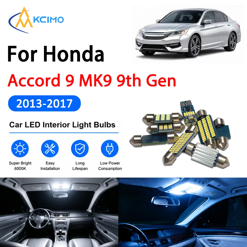 KCIMO Complete Interior Dome Light Kit For Honda Accord 9 MK9 9th Gen 2013-2017 Premium Door Courtesy Bulb Canbus LED Lamps
