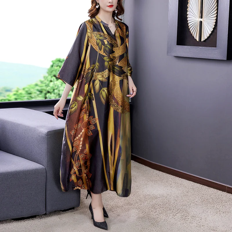 New 2023 Pirnt Mulberry Silk V-Neck Sexy Midi Women Korean Vintage Casual Dress Spring Summer Fashion Loose Waist Vestidos