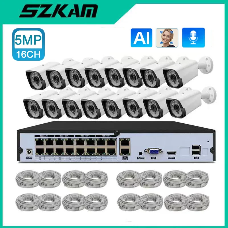 

SZKAM 5MP POE NVR Security Camera System Audio HD IR Night Vision Video Surveillance Set H.265 CCTV Waterproof Outdoor 16CH