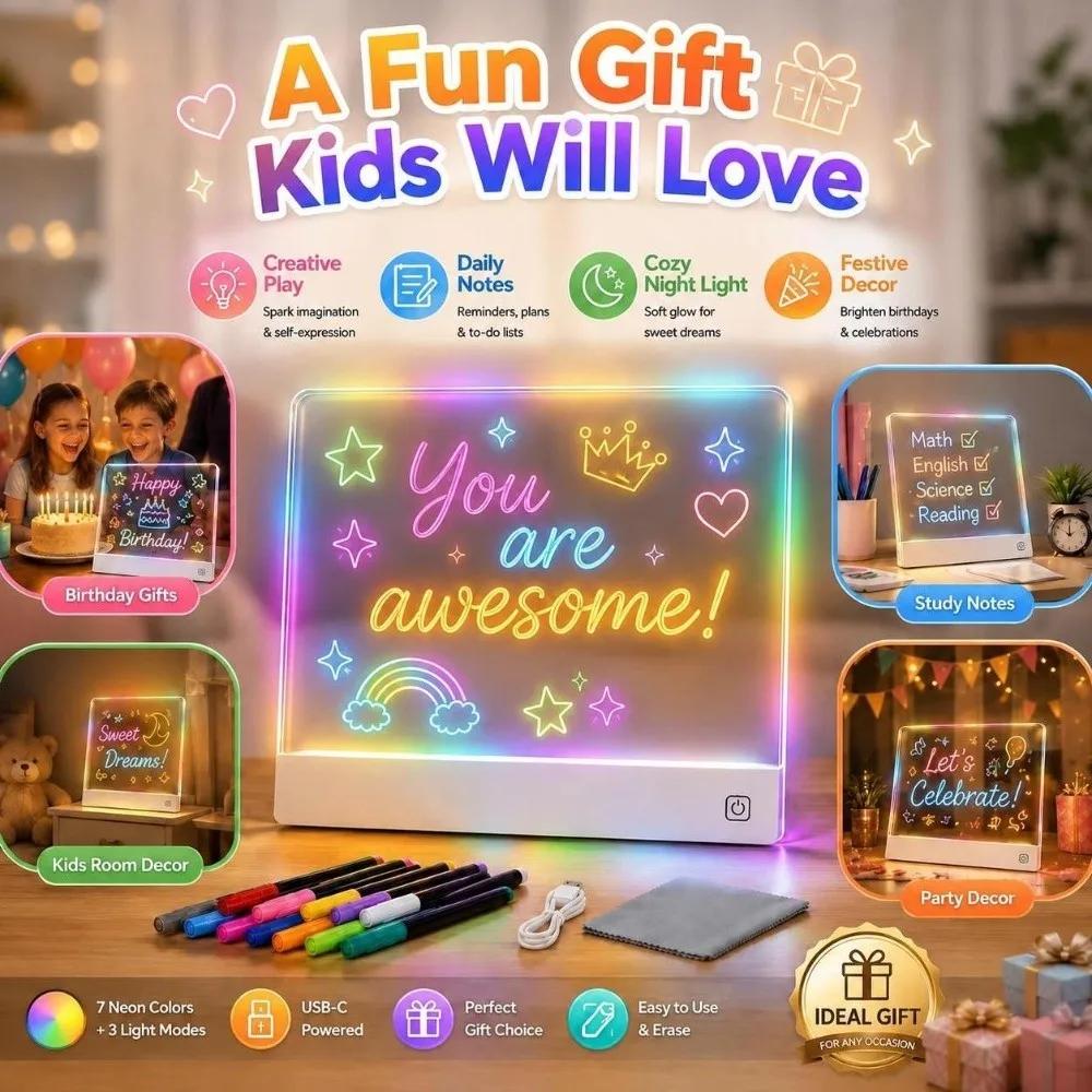 Creative DIY LED Drawing Board Acrylic with 12 Color Pen Light-Up Message Board Touch-to-Charge Note Board Birthday Gift