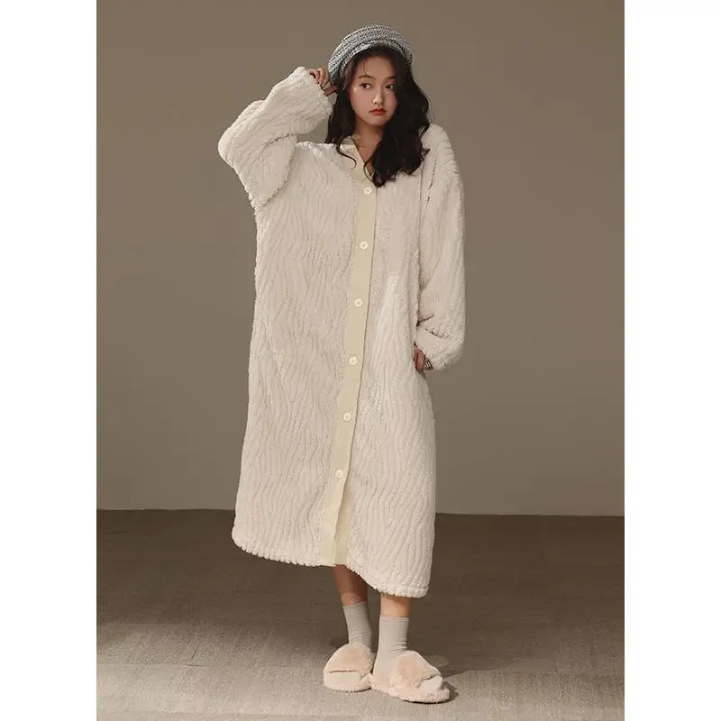 Coral Fleece Night Gown Thickening Type Long Style Bathrobe Dressing Gown Warm Comfy Soft New Style Pajamas Wintertime Women's