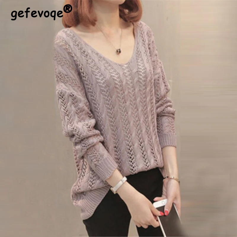 

Women Sexy Hollow Lace Up Streetwear Knitted Sweater Autumn Fashion V Neck Long Sleeve Loose Pullover Tops Casual Solid Jumpers