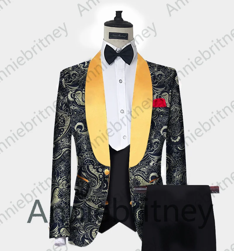 

Tailor Made Luxury Black Jacquard Mens Suit For Wedding Groom 3 Piece Best Man Costume Made Male Suit New Year Party Formal