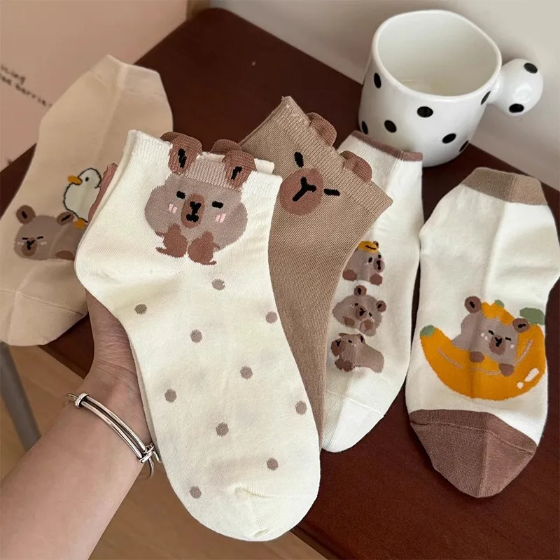 5 Pairs Cute Cartoon Capybara Women's Fashionable And Trendy Socks Knit Fabric Thin Low Cut Japanese Style Socks