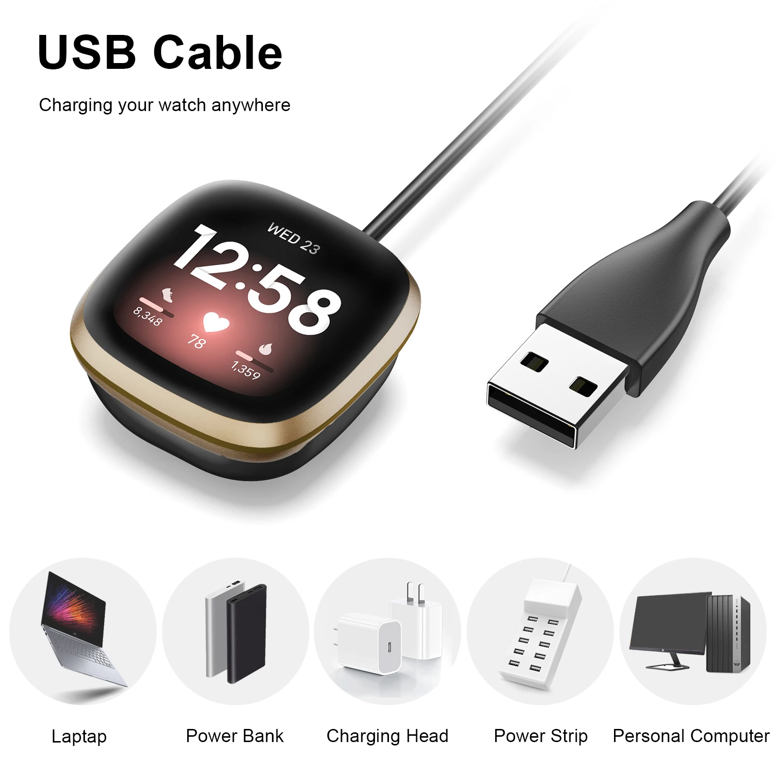 For Fitbit Versa 4/3 & Sense 2/1 Replacement Charging Cable - Magnetic USB Dock Stand, Fast Charging, Overcharge Protection