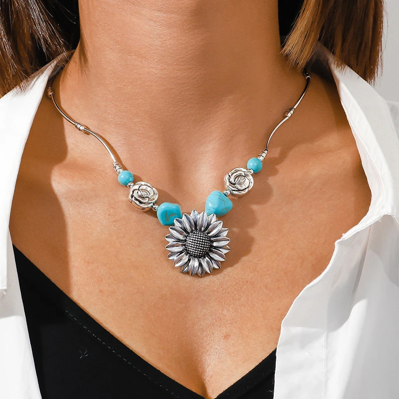Aihua Böhmen Türkis Stein Herz Halskette für Frauen Halsband Collier Femme Ethnische Tibetischen Silber Halsketten Aussage Schmuck – Detail 16