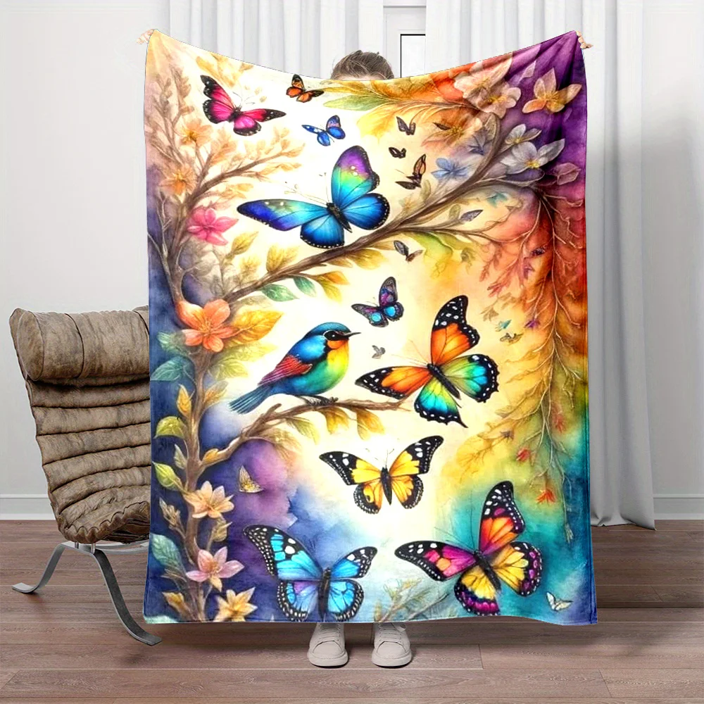 Watercolor Colorful Butterflies Bird Floral Branch Print Flannel Blanket Soft Throw For Sofa Bedroom Nature Lover Home Gift