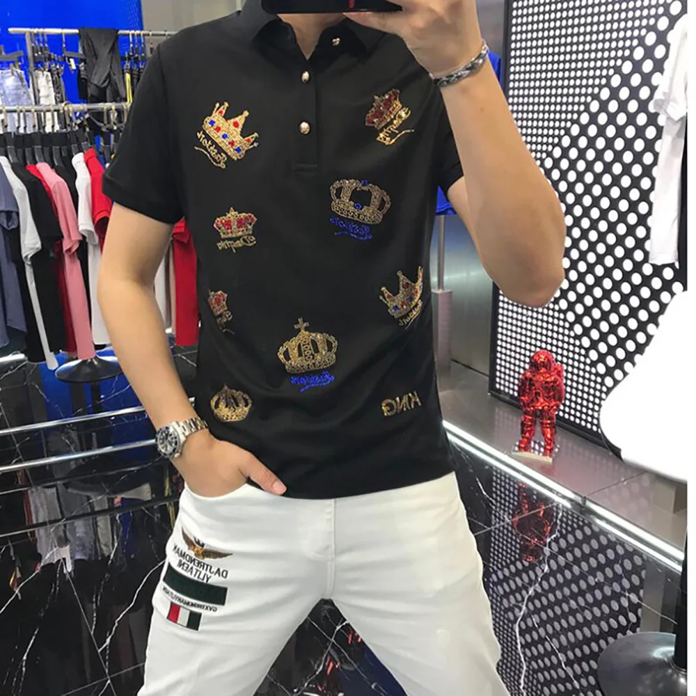 

2024 Polo Shirt Brands Male Short Sleeve Casual Slim Rhinestones Polo shirt 05126