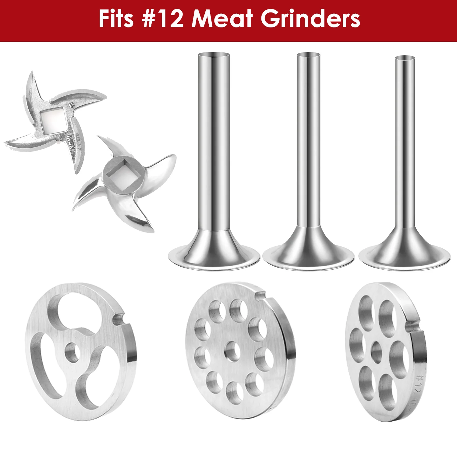 Tubos de relleno de salchichas para # 12 discos de placa para picadora de carne, cuchilla y picadora de carne para # 12 molinillos