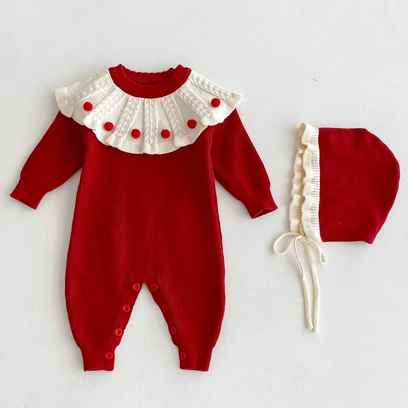 

Christmas Party Romper Autumn Winter Toddler Baby Girl Knitted Romper+Hat Ruffled Collar Ball Ball Infant Baby Knitted Jumpsuit