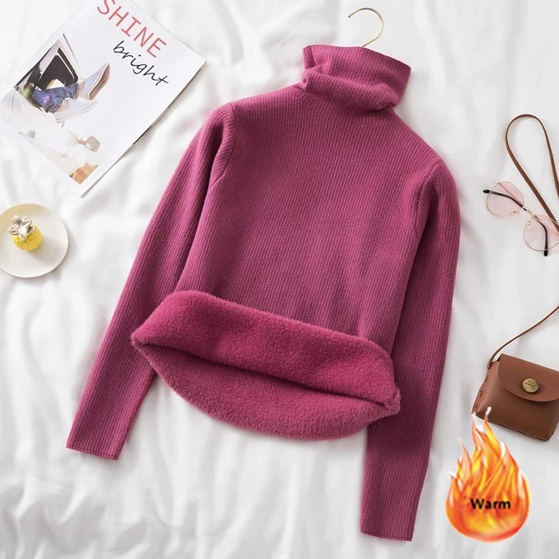 Turtleneck Sweater Plus Velvet Women Solid Colors Bottoming Pullover All-Match Long Sleeve Top Autumn Winter Fleece Lined Sueter