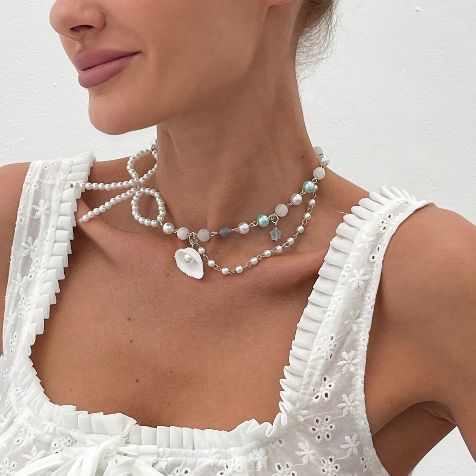 Necklace Shell Pendant Star Shaped Faux Pearl Beaded Chain for Women Beach Daily Wear Versatile Elegant Jewelry Gift