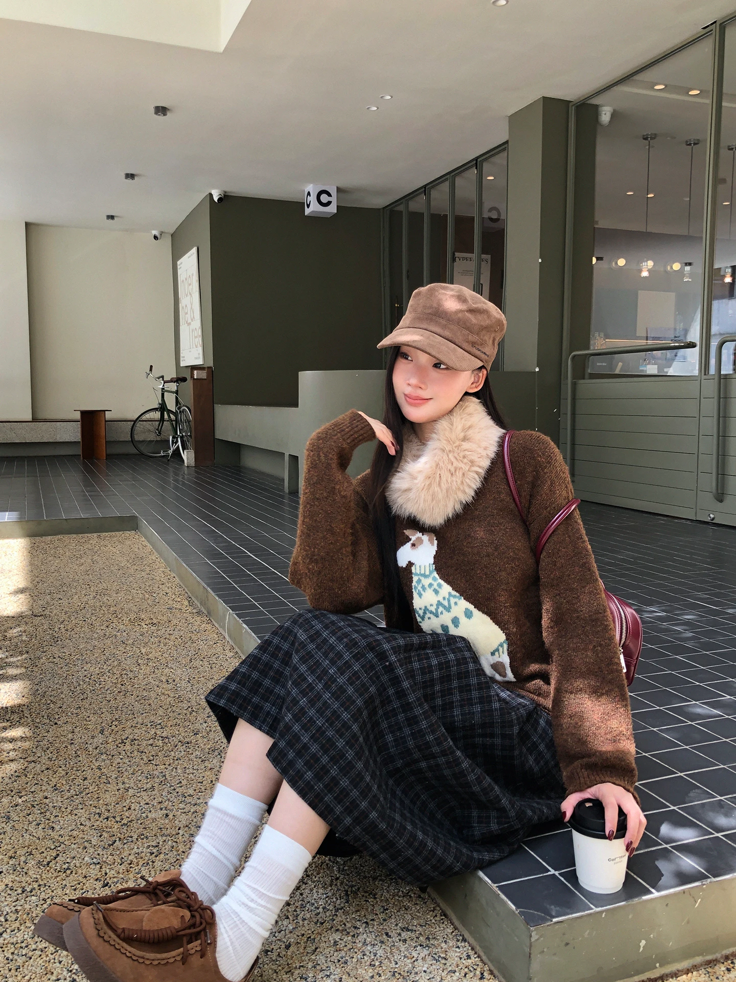 

Red Celebri Woolen A-Line Midi Skirt Women's Autumn Winter Plaid High Waist Pleated Skirt Commute Simple Sle Polyester Fiber