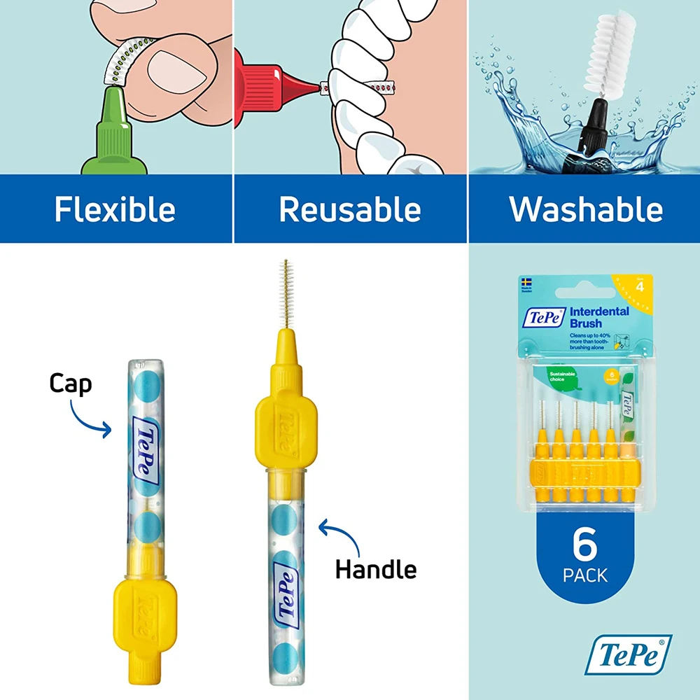

Оригинальные межзубные щетки Tepe желтого цвета, 0,7 мм, размер 4, 07 мм в упаковке, Швеция, стоматологические палочки для чистки зубов, ортодонтические скобы, инструменты